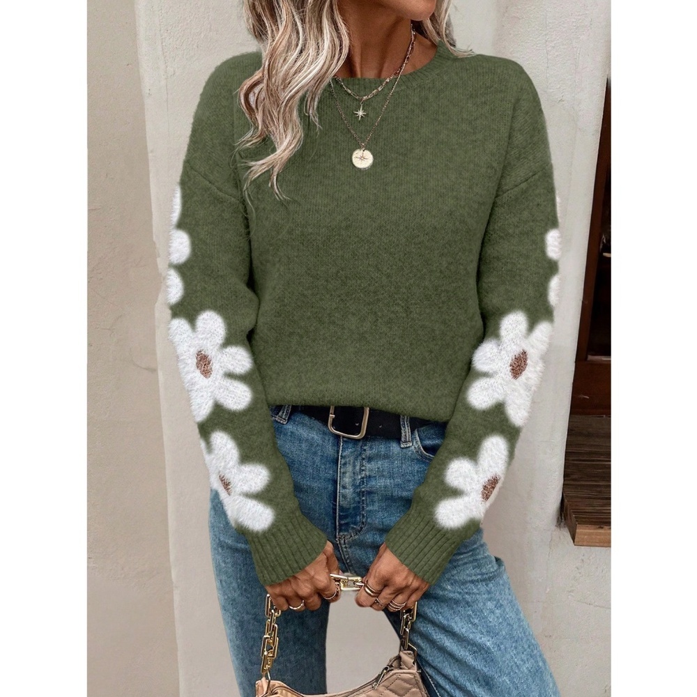 Green Pullover Sweater Knit Flower Textured Button Front